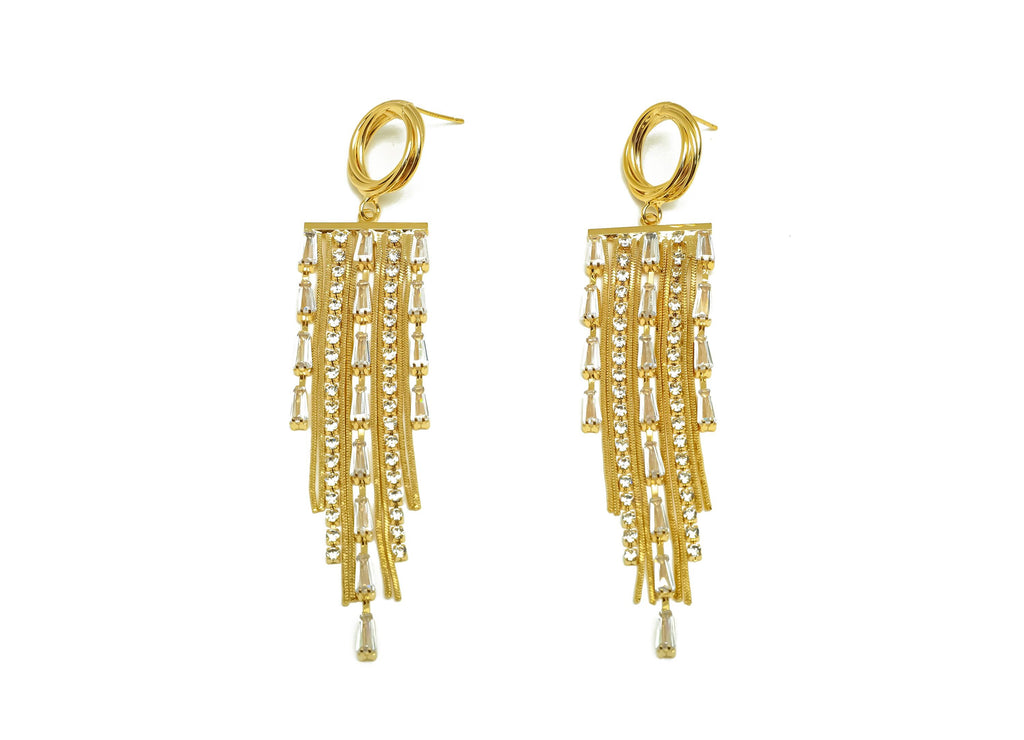 Brass CZ Earring Tassel Stud - Brass Geometry Tassel Earring - Snake Chain Zircon Earring Post - 18K Real Gold Plating -97x19x3mm - RGP7578 - DOMEDBAZAAR