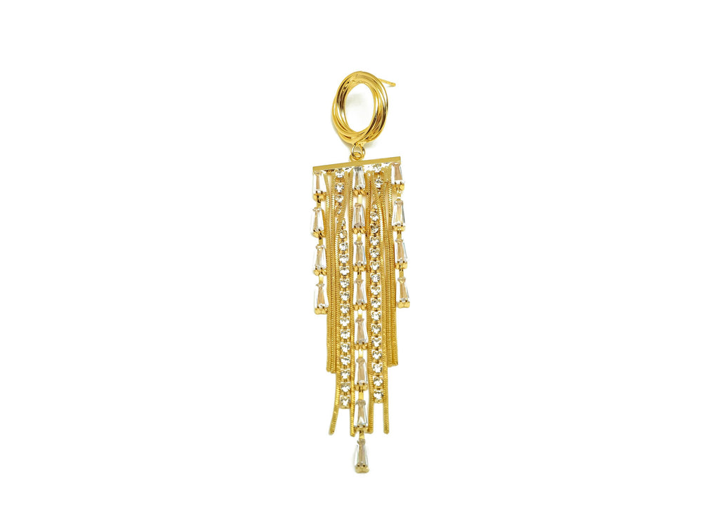 Brass CZ Earring Tassel Stud - Brass Geometry Tassel Earring - Snake Chain Zircon Earring Post - 18K Real Gold Plating -97x19x3mm - RGP7578 - DOMEDBAZAAR