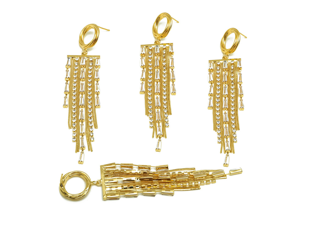 Brass CZ Earring Tassel Stud - Brass Geometry Tassel Earring - Snake Chain Zircon Earring Post - 18K Real Gold Plating -97x19x3mm - RGP7578 - DOMEDBAZAAR