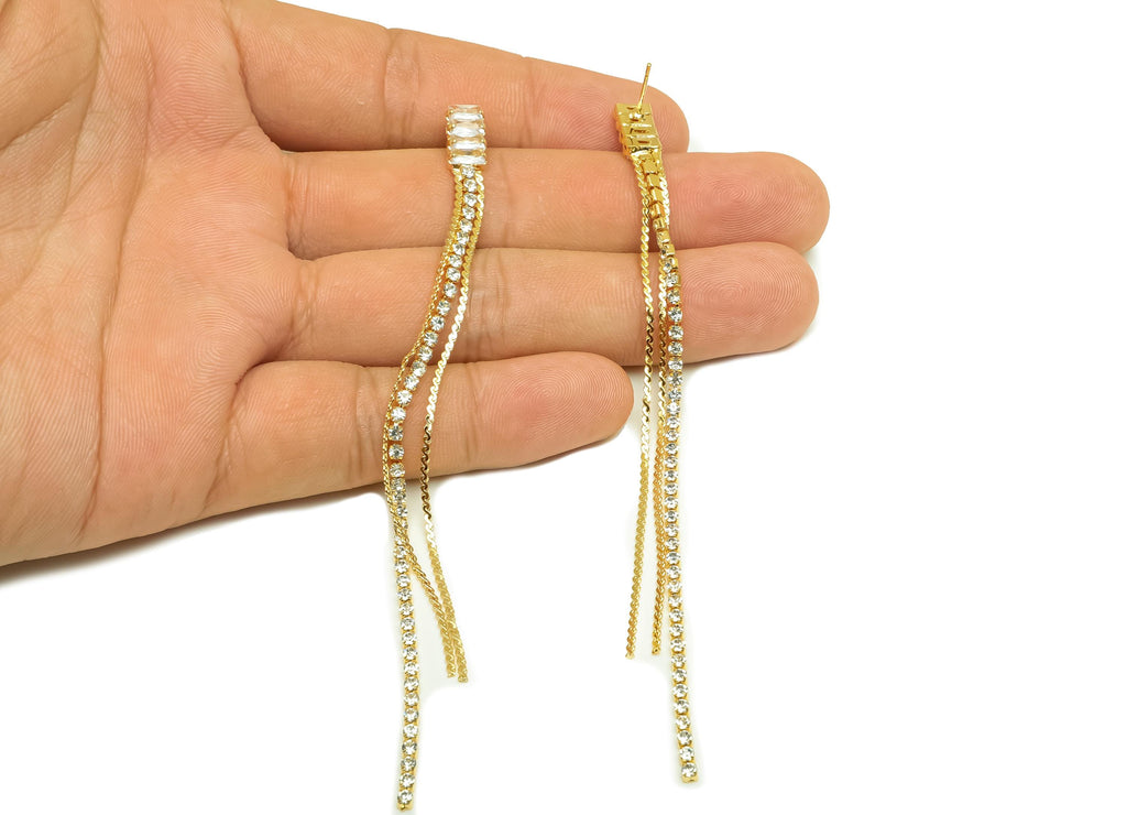 Brass CZ Earring Tassel Stud - Brass Tassel Chian Earring - Beaded Chain Zircon Earring Post - 18K Real Gold Plating -70x28x1.72mm -RGP7560 - DOMEDBAZAAR
