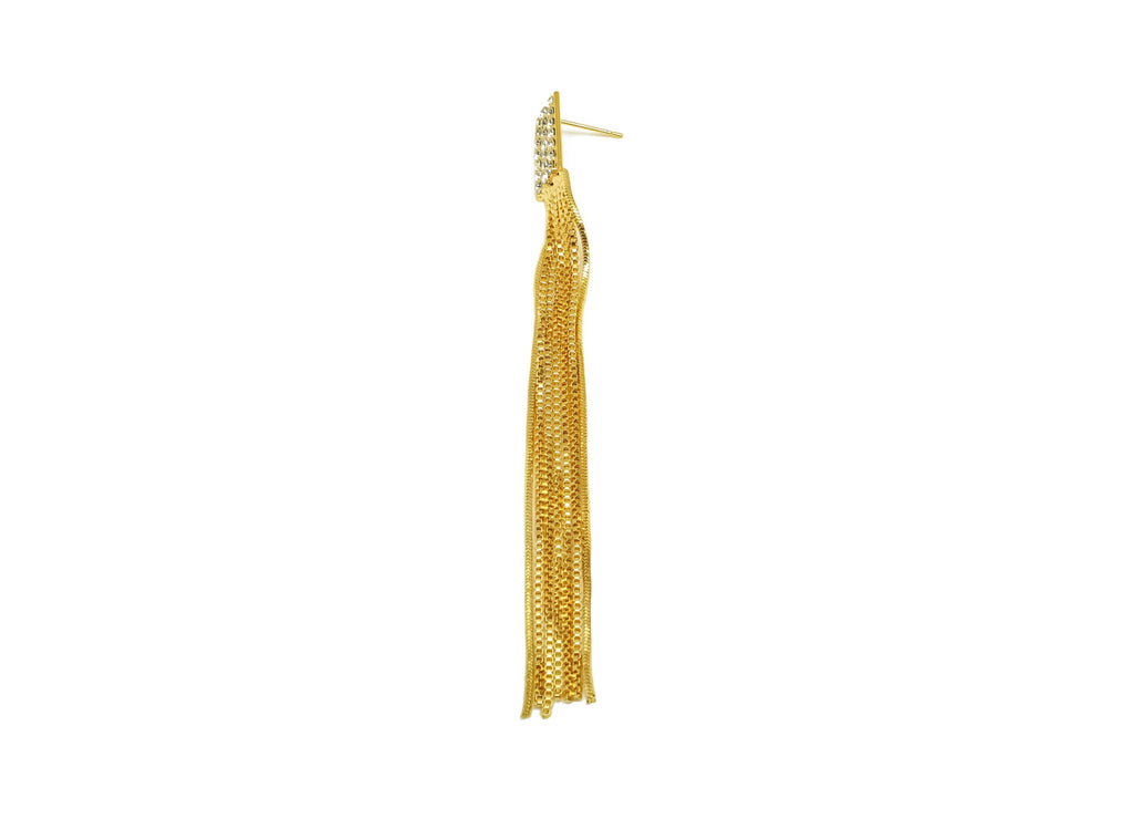 Brass CZ Earring Tassel Stud - Brass Box Chain Tassel Earring - Snake Chain Zircon Earring Post - 18K Real Gold Plating - 103x9x2mm -RGP7548 - DOMEDBAZAAR
