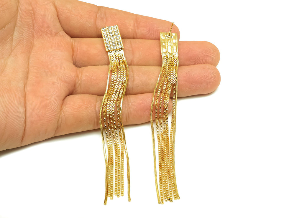 Brass CZ Earring Tassel Stud - Brass Box Chain Tassel Earring - Snake Chain Zircon Earring Post - 18K Real Gold Plating - 103x9x2mm -RGP7548 - DOMEDBAZAAR