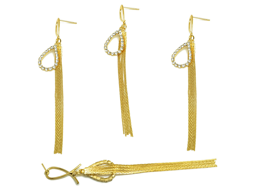 Brass CZ Earring Tassel Stud - Brass Tassel Teardrop Earring - Snake Chain Zircon Earring Post - 18K Real Gold Plating - 95x13x1mm - RGP7540 - DOMEDBAZAAR