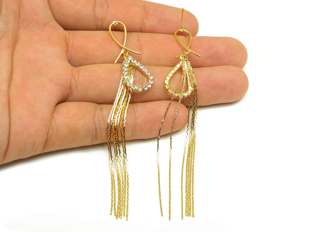 Brass CZ Earring Tassel Stud - Brass Tassel Teardrop Earring - Snake Chain Zircon Earring Post - 18K Real Gold Plating - 95x13x1mm - RGP7540 - DOMEDBAZAAR