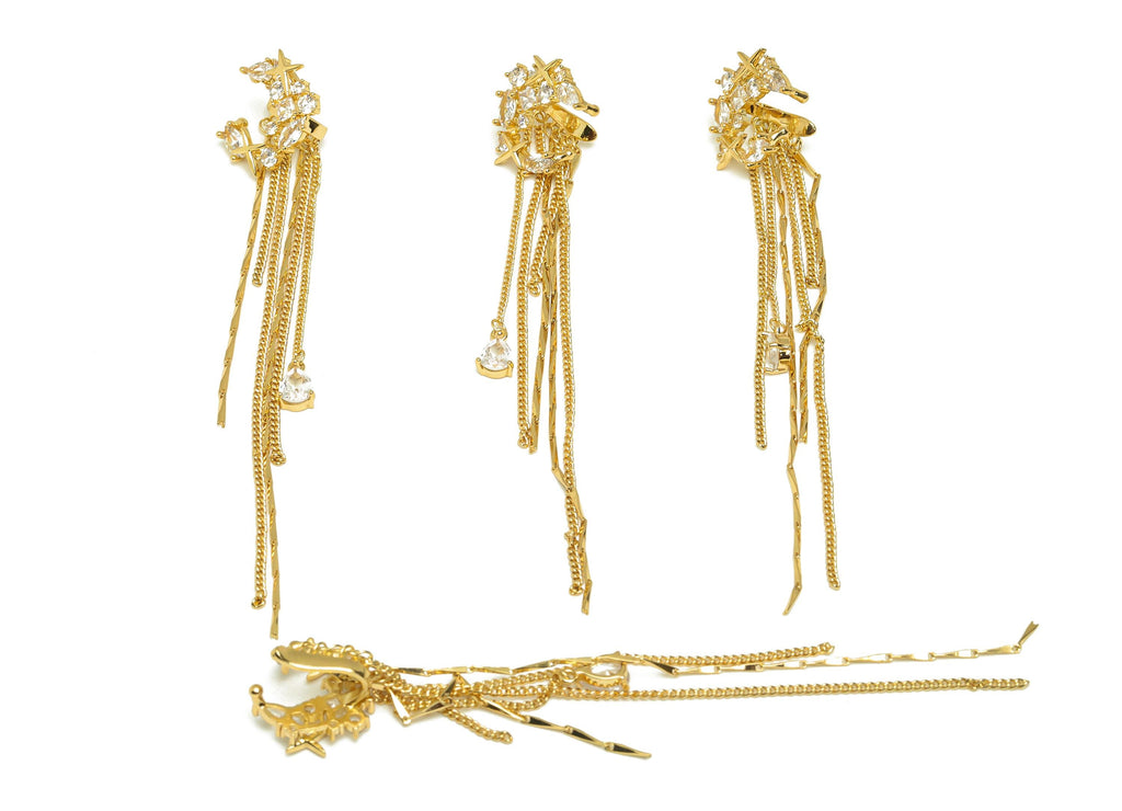 Brass Moon Star Ear Cuff - CZ Gold C Tassel Earring Cuff - Zircon Cartilage Cuff Chain Ear - 18K Real Gold Plated - 105x17x9.8mm - RGP7612 - DOMEDBAZAAR
