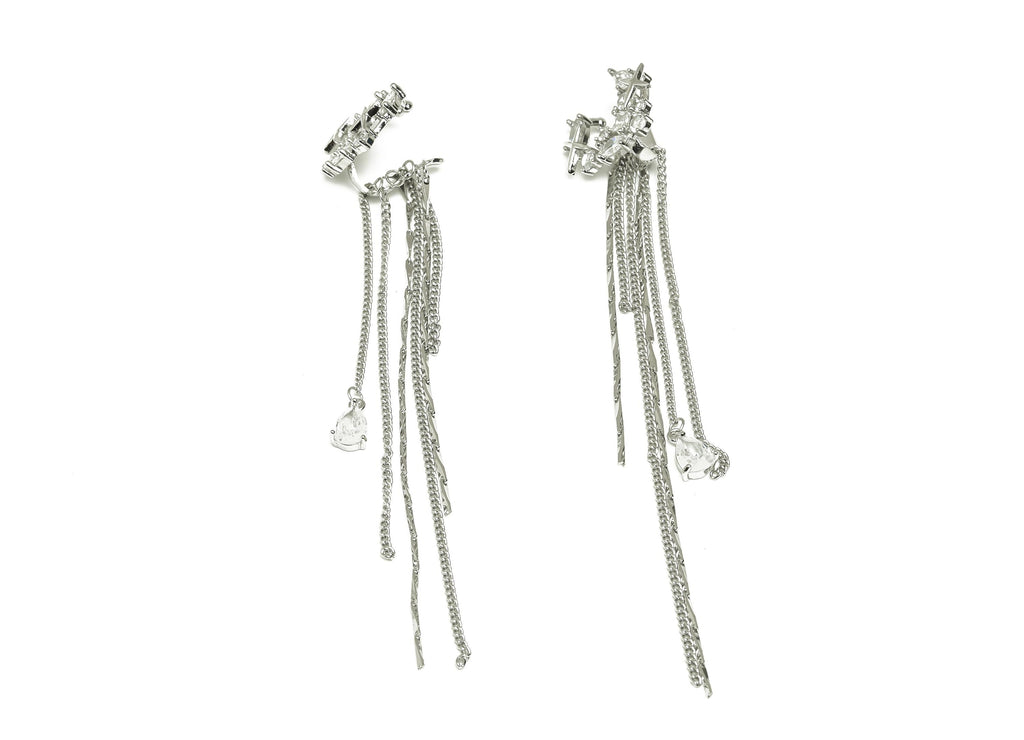 Brass Moon Star Ear Cuff - CZ White Tassel Earring - Zircon Cartilage Cuff Chain Ear - 18K Real White Gold Plated - 106x18.6x9.78mm- RGP7613 - DOMEDBAZAAR