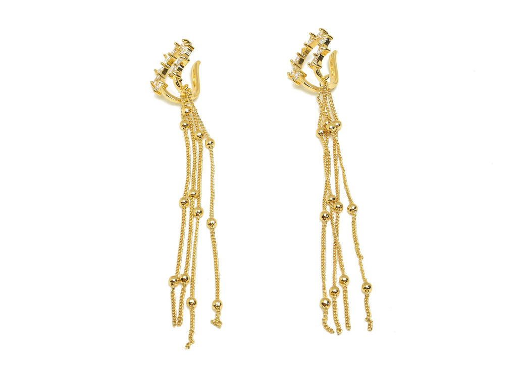 Brass Sunshine Ear Cuff - Gold Sun Tassel Earring Cuff - Zircon Cartilage Cuff Chain Ear - 18K Real Gold Plated -110.2x18.5x12.54mm -RGP7614 - DOMEDBAZAAR