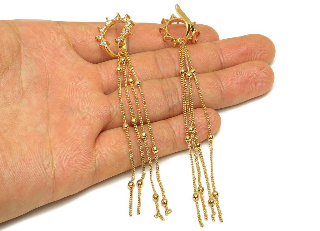 Brass Sunshine Ear Cuff - Gold Sun Tassel Earring Cuff - Zircon Cartilage Cuff Chain Ear - 18K Real Gold Plated -110.2x18.5x12.54mm -RGP7614 - DOMEDBAZAAR