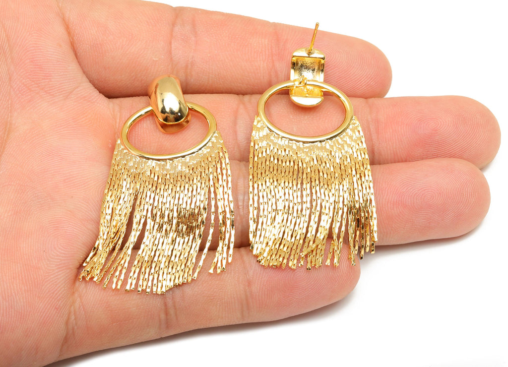 Brass Earring Tassel Stud - Brass Oval Tassel Earring - Snake Chain Earring Post - 18K Real Gold Plating - 51.58x22.42x1mm- RGP7551 - DOMEDBAZAAR