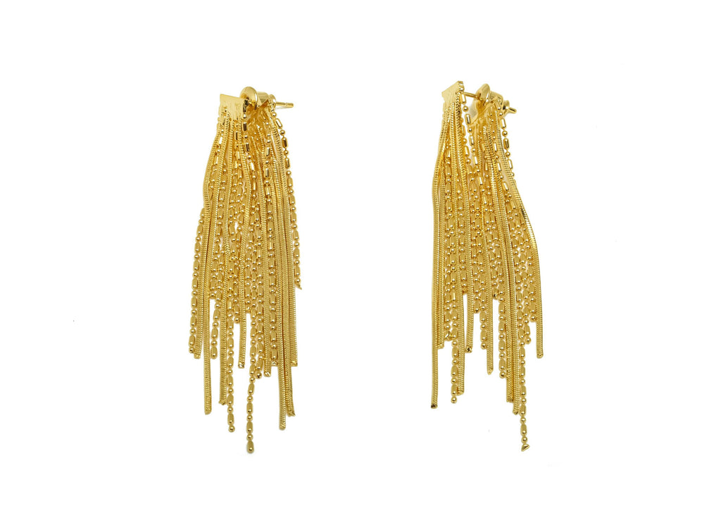 Brass Earring Tassel Stud - Brass Ball Chian Tassel Earring - Brass Snake Chain Earring Post - 18K Real Gold Plating - 70x9x1mm - RGP7574 - DOMEDBAZAAR