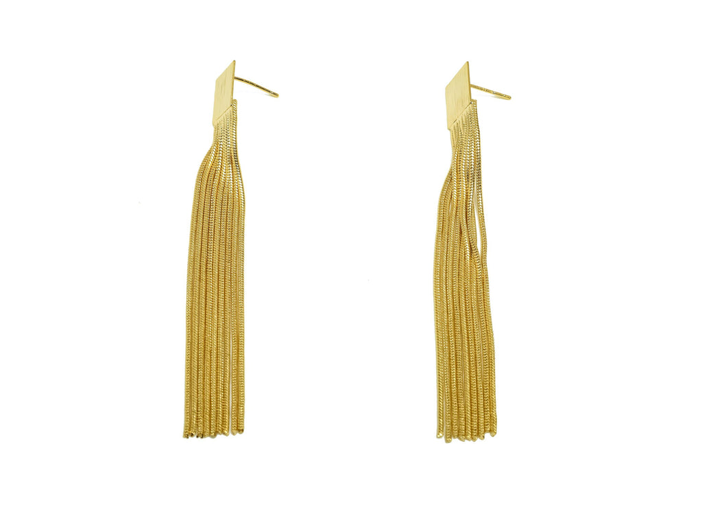 Brass Earring Tassel Stud - Brass Textured Square Tassel Earring - Snake Chain Earring Post - 18K Real Gold Plating - 78x10x0.49mm - RGP7569 - DOMEDBAZAAR