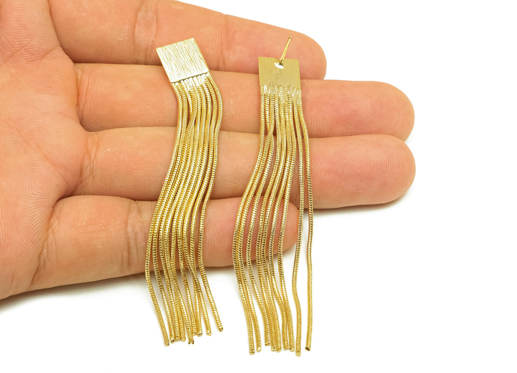 Brass Earring Tassel Stud - Brass Textured Square Tassel Earring - Snake Chain Earring Post - 18K Real Gold Plating - 78x10x0.49mm - RGP7569 - DOMEDBAZAAR