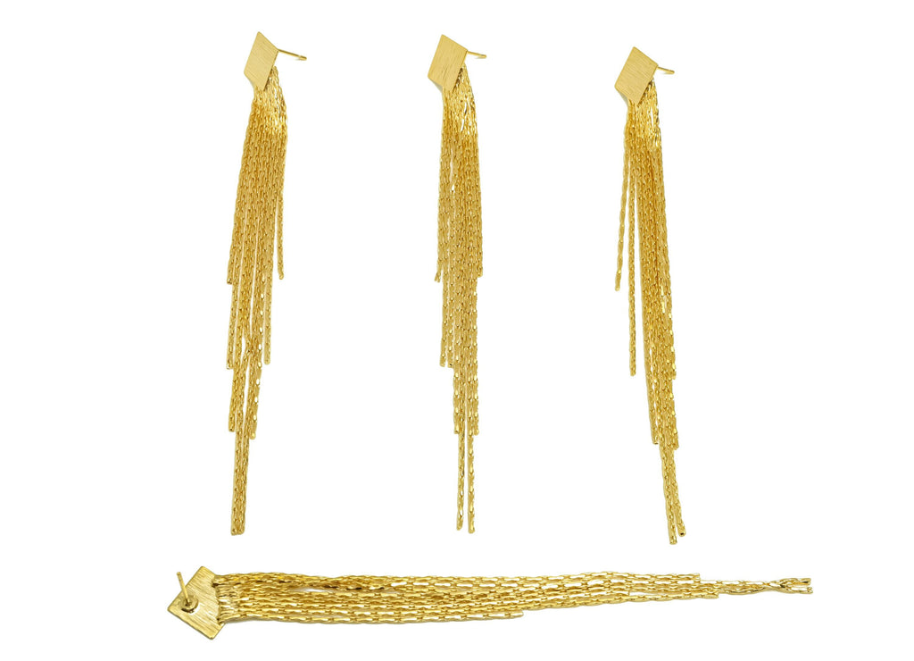 Brass Earring Tassel Stud - Brass Textured Square Tassel Earring - Tassel Chain Earring Post - 18K Real Gold Plating - 117x13x1mm - RGP7538 - DOMEDBAZAAR