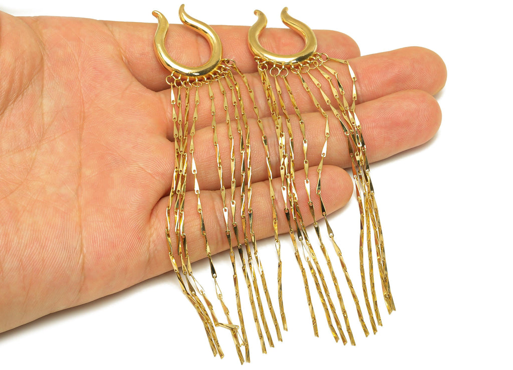 Brass Minimalist Ear Cuff - Gold Thick Tassel Earring Cuff - Thick Cartilage Cuff Chain Ear - 18K Real Gold Plated -117x20x3.9mm - RGP7616 - DOMEDBAZAAR