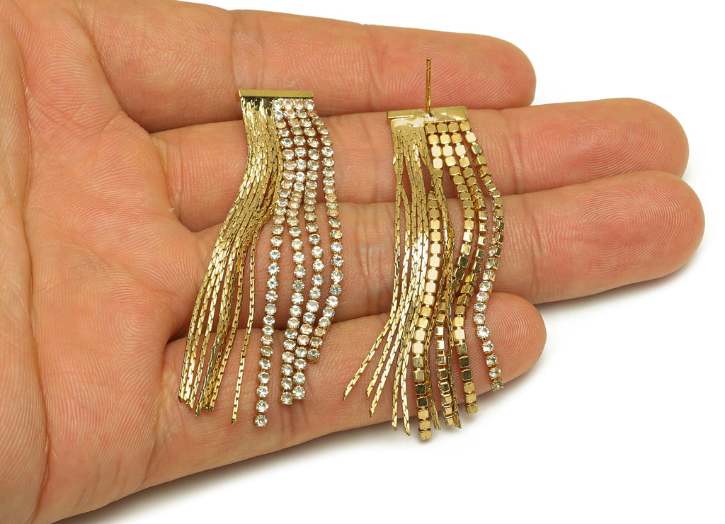 Brass Tassel Chian Earring - Zircon Snake Chian Earring Post - Gold CZ Long Chian Earring - 18K Real Gold Plated -56.5x12.26x1.96mm -RGP7619 - DOMEDBAZAAR