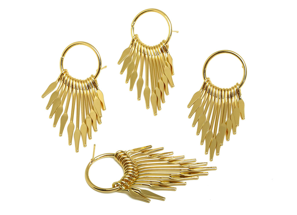 Brass Tassel Earring Stud - Brass Dangle Tassel Wire Earring Post - Hammered Tassel Earring Post - 18K Real Gold Plating - 55x18x1mm-RGP8169 - DOMEDBAZAAR