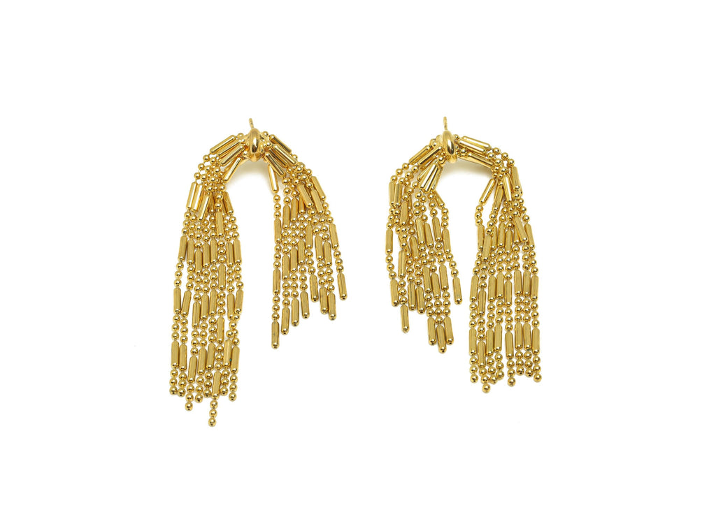 Brass Beads Chain Ear - Gold Cylinder Chain Tassel Earring Stud - Cylinder Beads Chain Earring Post - 18K Real Gold Plating - 70mm - RGP7696 - DOMEDBAZAAR
