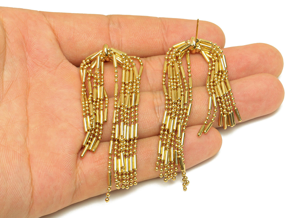 Brass Beads Chain Ear - Gold Cylinder Chain Tassel Earring Stud - Cylinder Beads Chain Earring Post - 18K Real Gold Plating - 70mm - RGP7696 - DOMEDBAZAAR