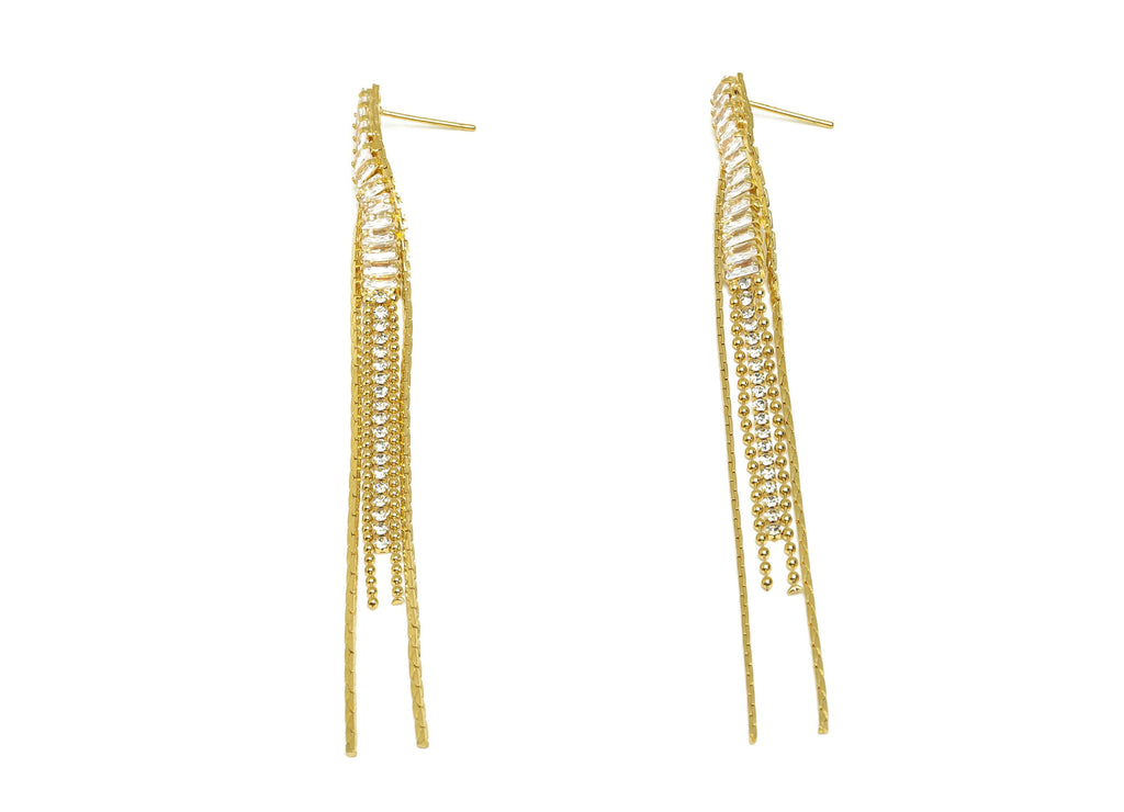 Brass Tassel Chian Ear - Rectangle Zircon Snake Chian Ear Post - Gold Snake Chian Tassel Earring Stud - 18K Real Gold Plated - 93mm -RGP7703 - DOMEDBAZAAR