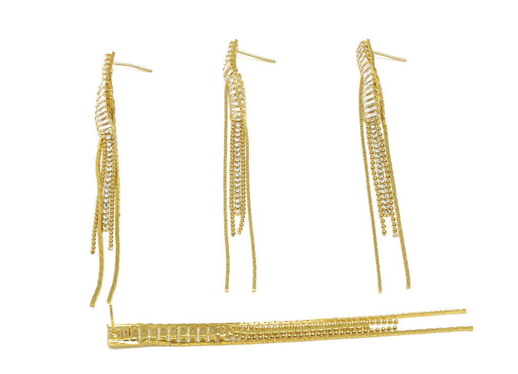 Brass Tassel Chian Ear - Rectangle Zircon Snake Chian Ear Post - Gold Snake Chian Tassel Earring Stud - 18K Real Gold Plated - 93mm -RGP7703 - DOMEDBAZAAR