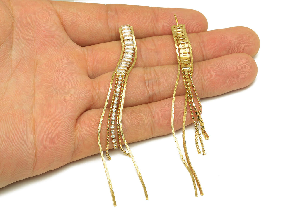 Brass Tassel Chian Ear - Rectangle Zircon Snake Chian Ear Post - Gold Snake Chian Tassel Earring Stud - 18K Real Gold Plated - 93mm -RGP7703 - DOMEDBAZAAR