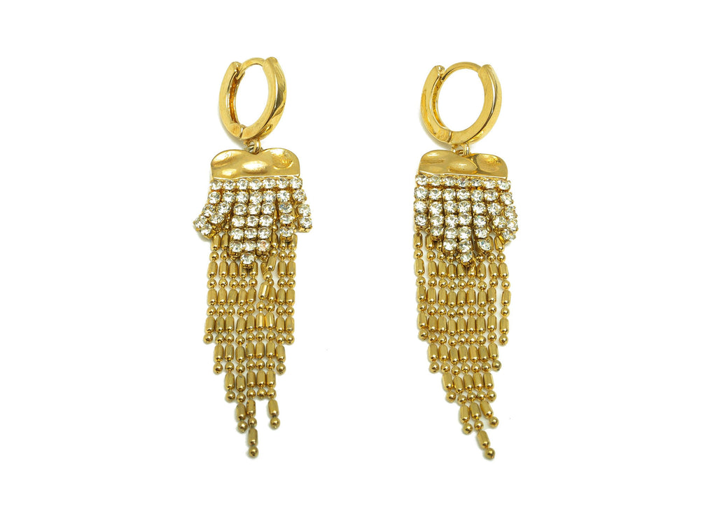 Brass CZ Dangle Earring - Cubic Zircon Beads Chain Tassel Earring - Gold Huggie Hoop Dangle Earring - 18K Real Gold Plating - 55mm- RGP7712 - DOMEDBAZAAR