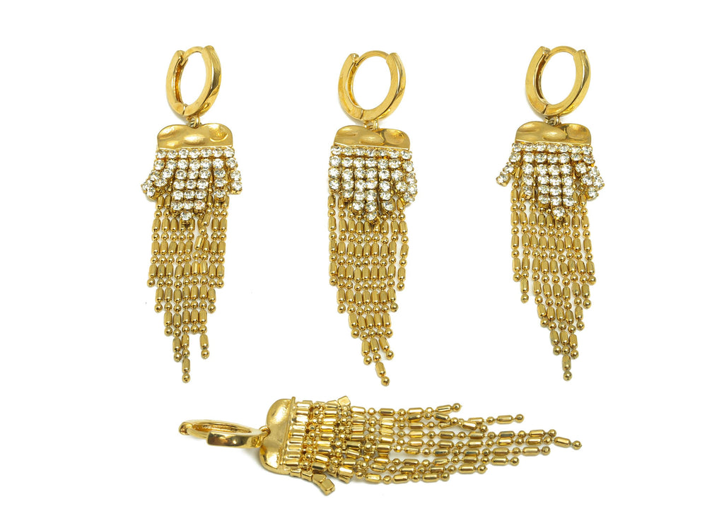 Brass CZ Dangle Earring - Cubic Zircon Beads Chain Tassel Earring - Gold Huggie Hoop Dangle Earring - 18K Real Gold Plating - 55mm- RGP7712 - DOMEDBAZAAR