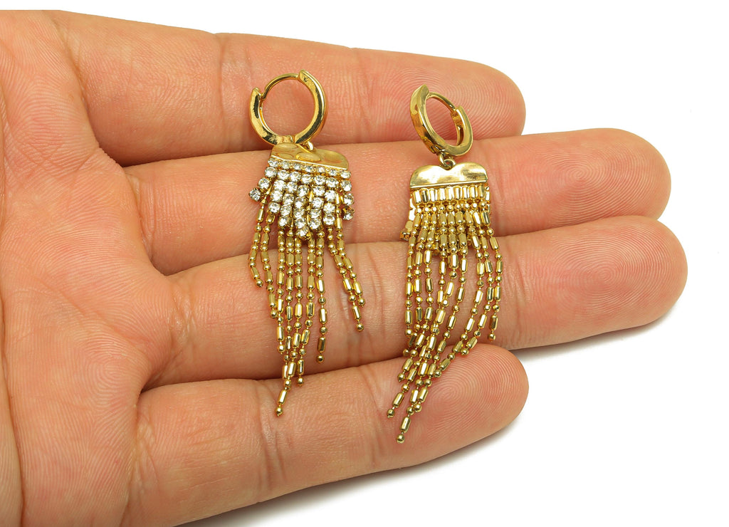 Brass CZ Dangle Earring - Cubic Zircon Beads Chain Tassel Earring - Gold Huggie Hoop Dangle Earring - 18K Real Gold Plating - 55mm- RGP7712 - DOMEDBAZAAR