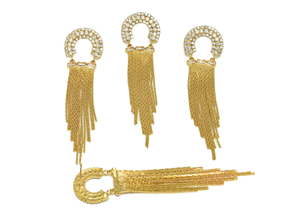 Brass Tassel Chian Earring - Arch Zircon Snake Chian Ear Post - Gold Semicircle Tassel Earring Stud - 18K Real Gold Plating - 80mm - RGP7713 - DOMEDBAZAAR
