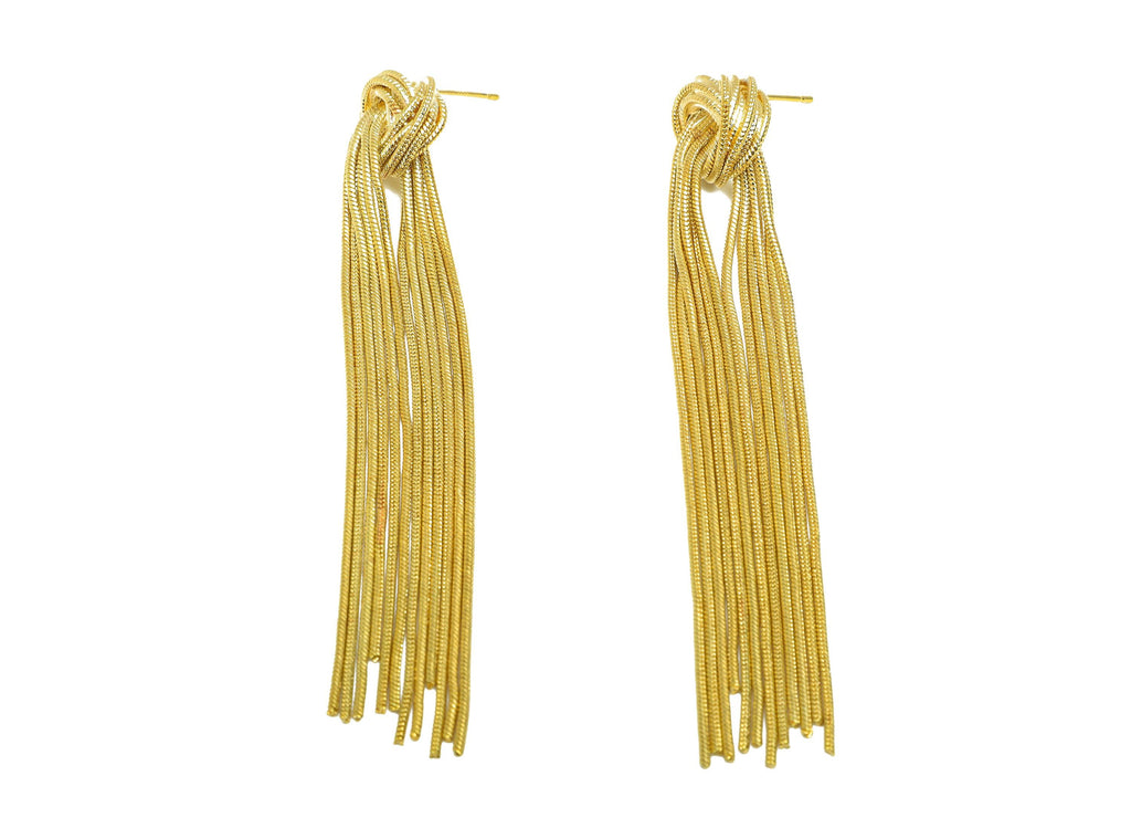 Brass Snake Chain Earring - Gold Knot Long Chain Earring Stud - Knot Snake Chain Tassel Earring Post - 18K Real Gold Plating- 85mm - RGP7721 - DOMEDBAZAAR