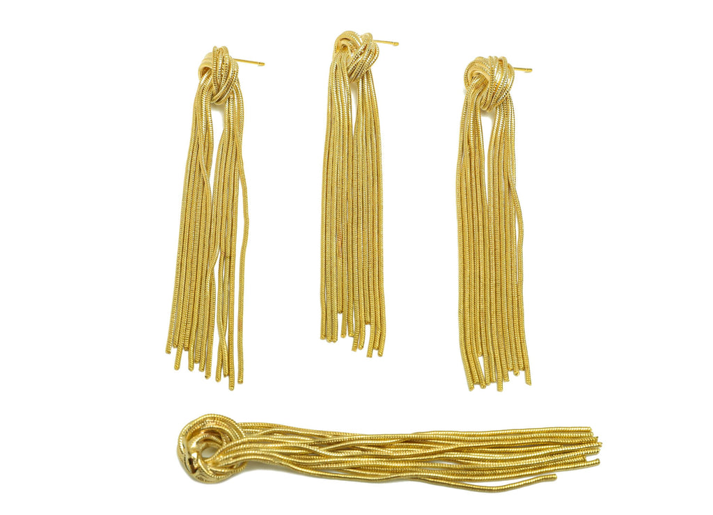 Brass Snake Chain Earring - Gold Knot Long Chain Earring Stud - Knot Snake Chain Tassel Earring Post - 18K Real Gold Plating- 85mm - RGP7721 - DOMEDBAZAAR