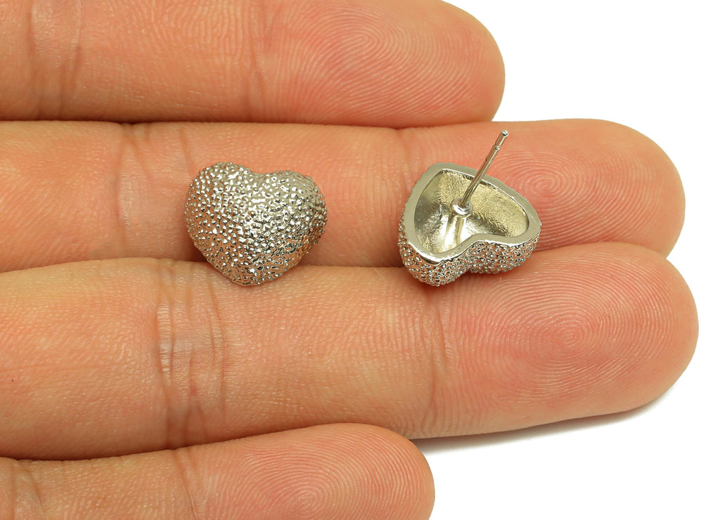 Brass Heart Earring Stud - Textured Heart Earring Post - White Heart Earring Stud - 18K Real White Gold Plated - 18.2x13.72x6.52mm - RGP7738 - DOMEDBAZAAR