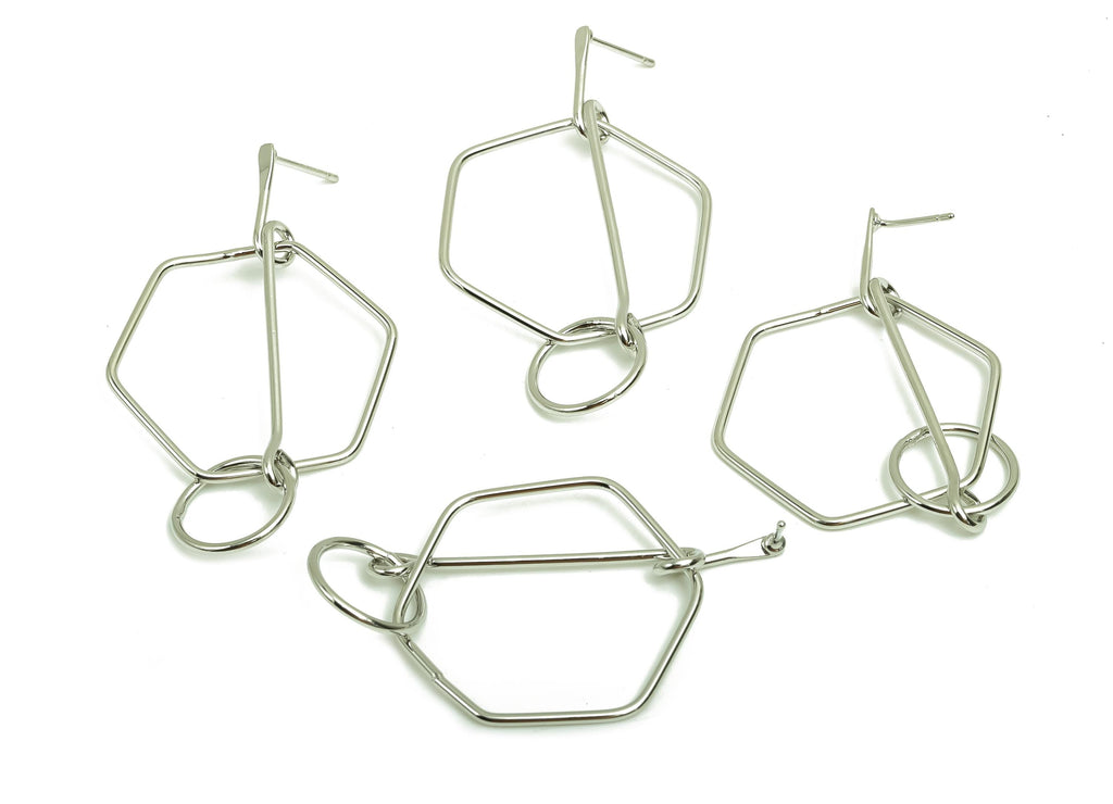 Brass Hammered Earring Post - Brass Dangle Hexagon Earring Stud - Geometry Earring Post  - 18K Real White Gold Plating - 49x29x1mm - RGP8042 - DOMEDBAZAAR