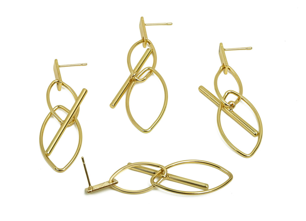 Brass Dangle Wire Earring Post - Brass Marquise Earring Post -  Brass Interlock Earring Post  - 18K Real Gold Plating - 52x14x1mm - RGP8011 - DOMEDBAZAAR