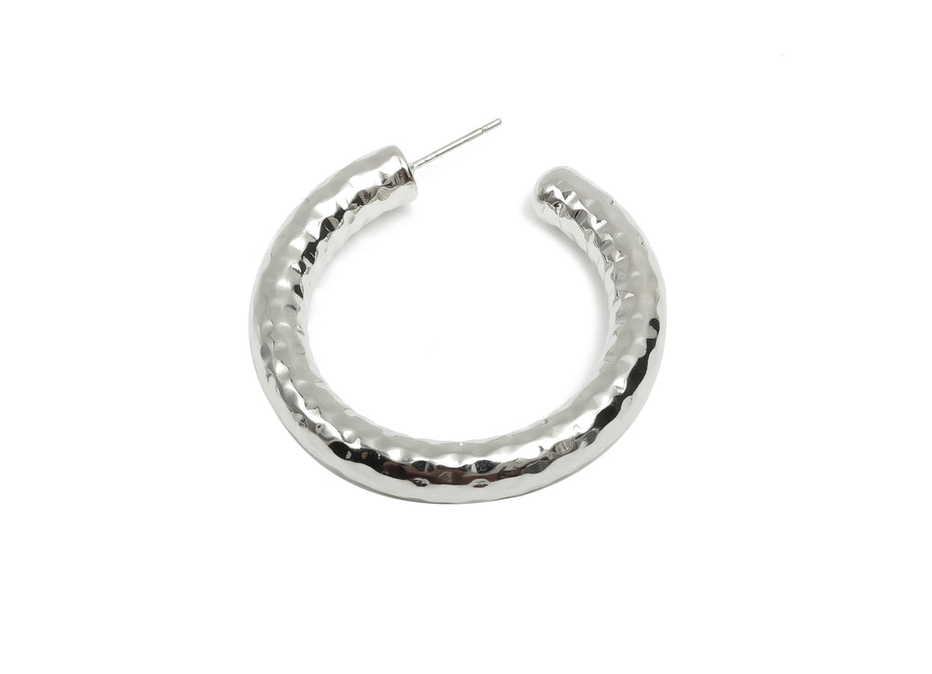 Brass Hoop Earring Stud - Thick Open Hoop Earring Post - Brass Textured Hoop Earring Post - 18K Real White Gold Plating - 40x39x6mm -RGP8112 - DOMEDBAZAAR
