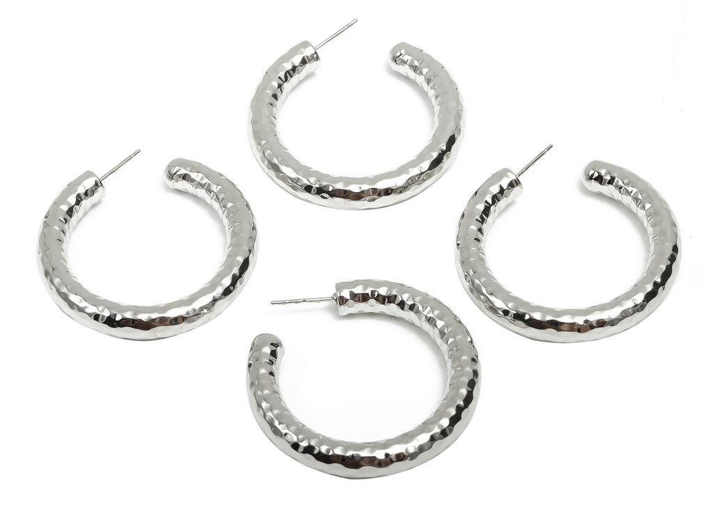 Brass Hoop Earring Stud - Thick Open Hoop Earring Post - Brass Textured Hoop Earring Post - 18K Real White Gold Plating - 40x39x6mm -RGP8112 - DOMEDBAZAAR