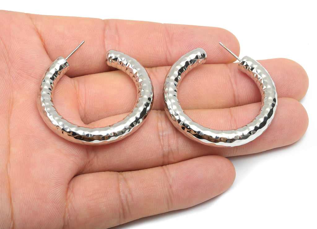 Brass Hoop Earring Stud - Thick Open Hoop Earring Post - Brass Textured Hoop Earring Post - 18K Real White Gold Plating - 40x39x6mm -RGP8112 - DOMEDBAZAAR