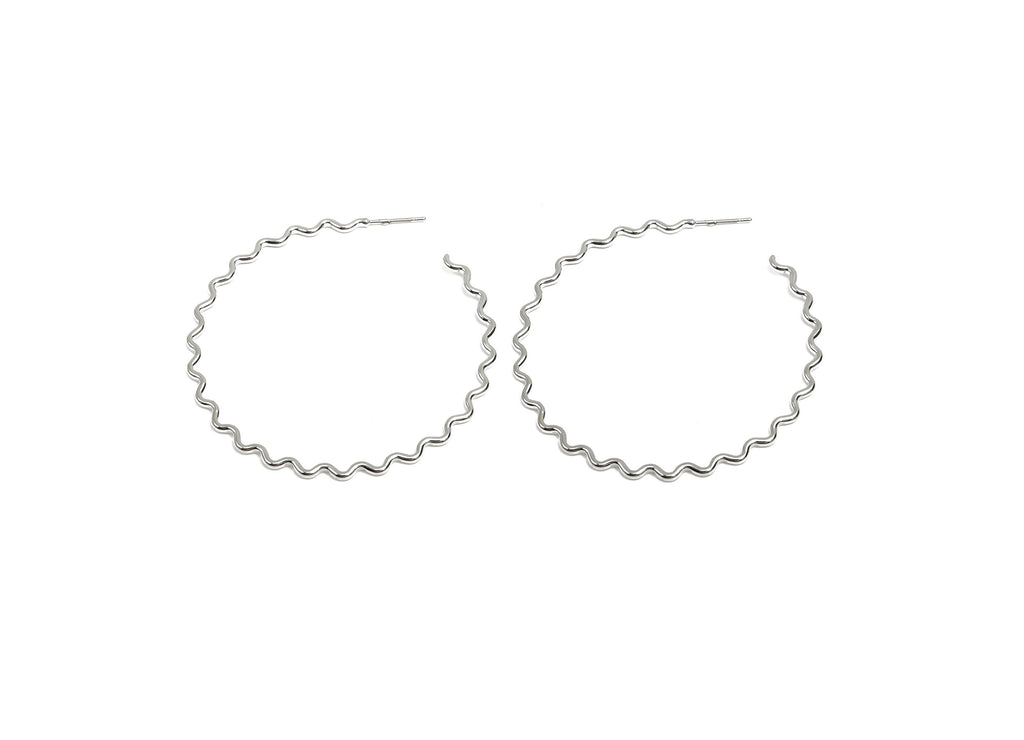 Brass Hoop Earring Stud - Brass Open Hoop Earring Post - Brass Wavy Hoop Earring Post - 18K Real White Gold Plated - 53x53x1.48mm - RGP8100 - DOMEDBAZAAR