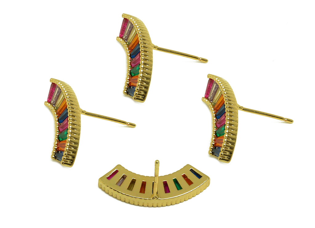 Brass Rainbow Earring Post - Gold Zircon Curved Rainbow Ear - CZ Textured Earring Stud - 18K Real Gold Plated - 14.61x20.07x2.48mm - RGP7987 - DOMEDBAZAAR