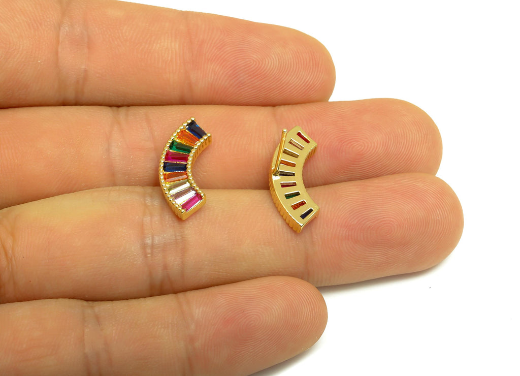 Brass Rainbow Earring Post - Gold Zircon Curved Rainbow Ear - CZ Textured Earring Stud - 18K Real Gold Plated - 14.61x20.07x2.48mm - RGP7987 - DOMEDBAZAAR