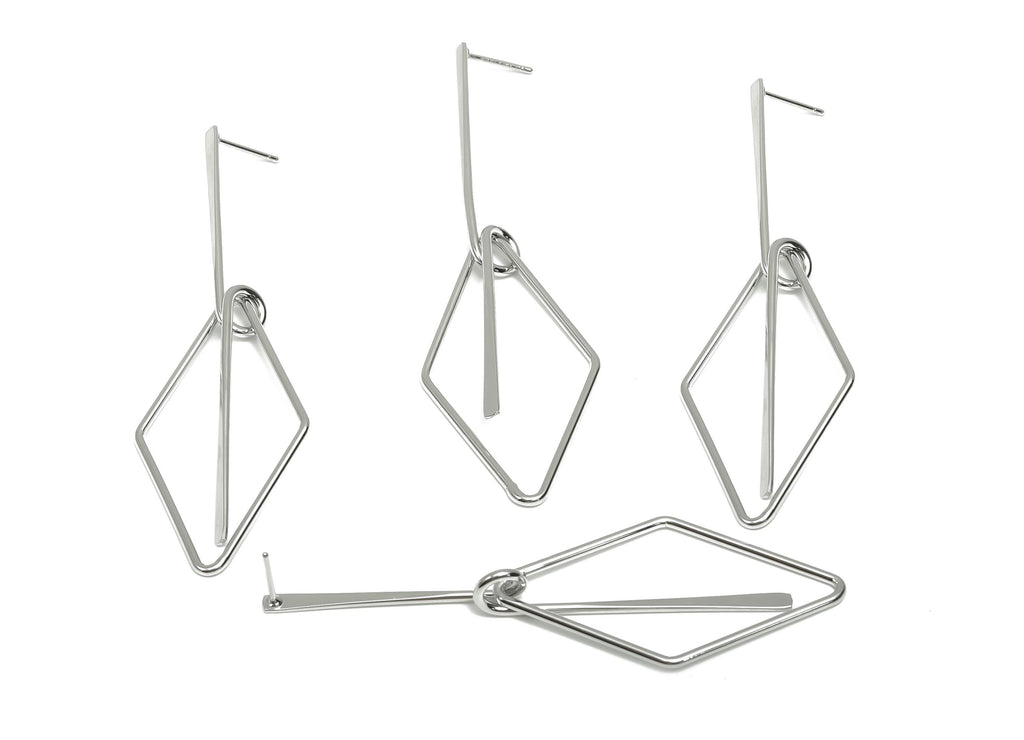 Brass Hammered Earring Post -  Brass Diamond Earring Post - Brass Rhombic Earring Post - 18K Real White Gold Plating - 81x24x0.7mm - RGP8066 - DOMEDBAZAAR