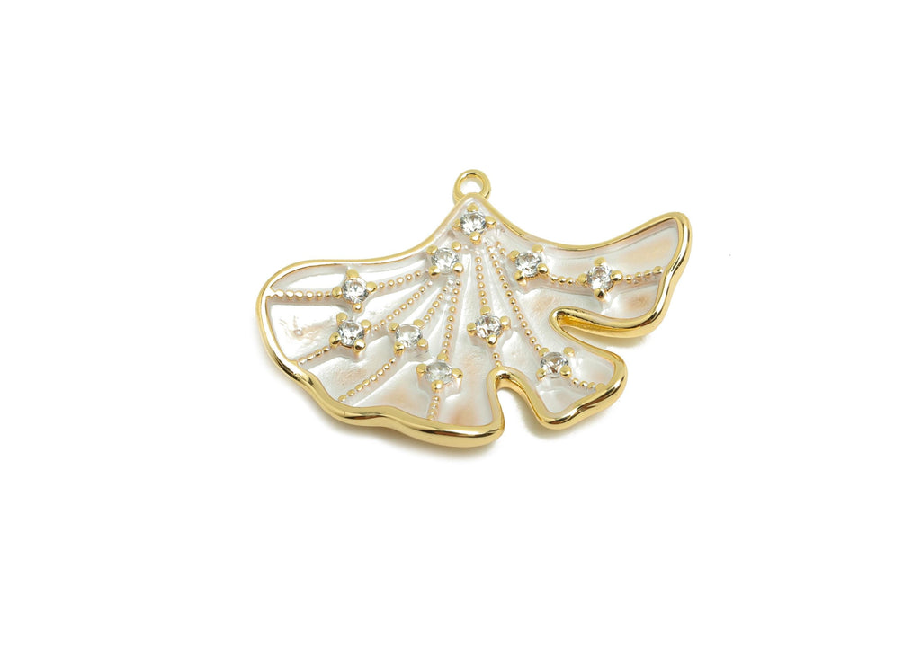Brass Ginkgo Leaf Earring Charm - Brass Enamel Leaf Charm - Cubic Zircon Leaf CZ Pendant - 18K Real Gold Plated - 23x17x3mm - RGP9983 - DOMEDBAZAAR