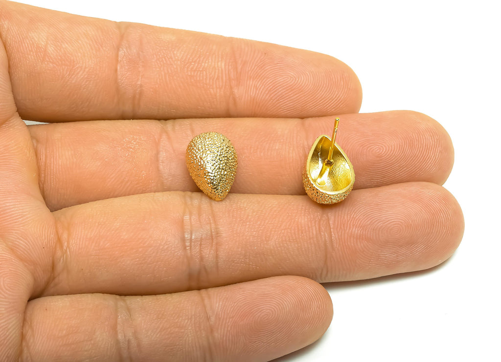 Brass Heart  Earring Stud -  Brass Textured Heart Earring Post - Frosted Heart Earring Post - 18K Real Gold Plating - 17x13.3x8mm - RGP8322 - DOMEDBAZAAR