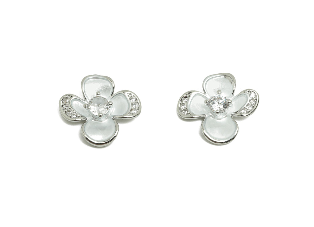 Brass CZ Flower Earring Charm - Brass Enamel Flower Charm - Zircon Botanical Pendant - 18K Real White Gold Plating - 13.9x12x3mm - RGP9987 - DOMEDBAZAAR