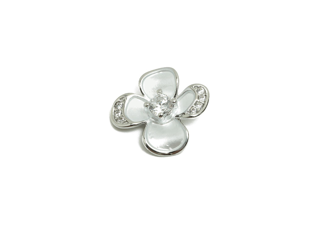 Brass CZ Flower Earring Charm - Brass Enamel Flower Charm - Zircon Botanical Pendant - 18K Real White Gold Plating - 13.9x12x3mm - RGP9987 - DOMEDBAZAAR