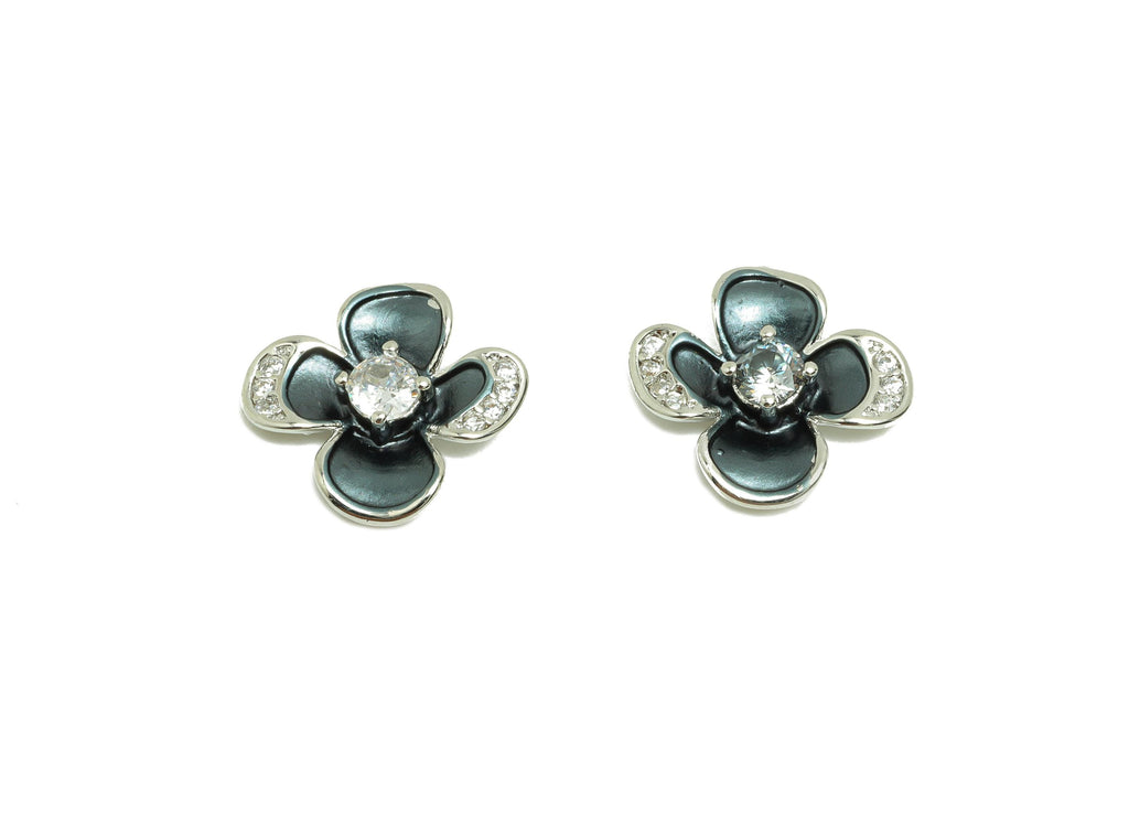 Brass CZ Flower Earring Charm - Brass Enamel Flower Charm - Black Zircon Botanical Pendant - 18K Real White Gold Plated - 13x12x3mm-RGP10000 - DOMEDBAZAAR