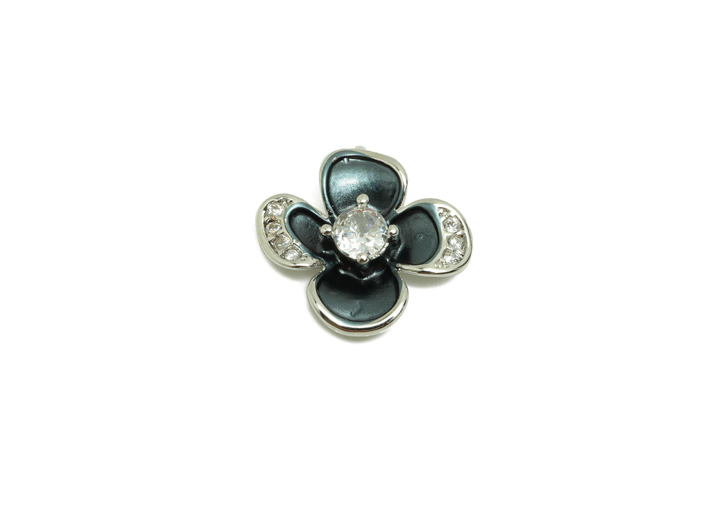 Brass CZ Flower Earring Charm - Brass Enamel Flower Charm - Black Zircon Botanical Pendant - 18K Real White Gold Plated - 13x12x3mm-RGP10000 - DOMEDBAZAAR