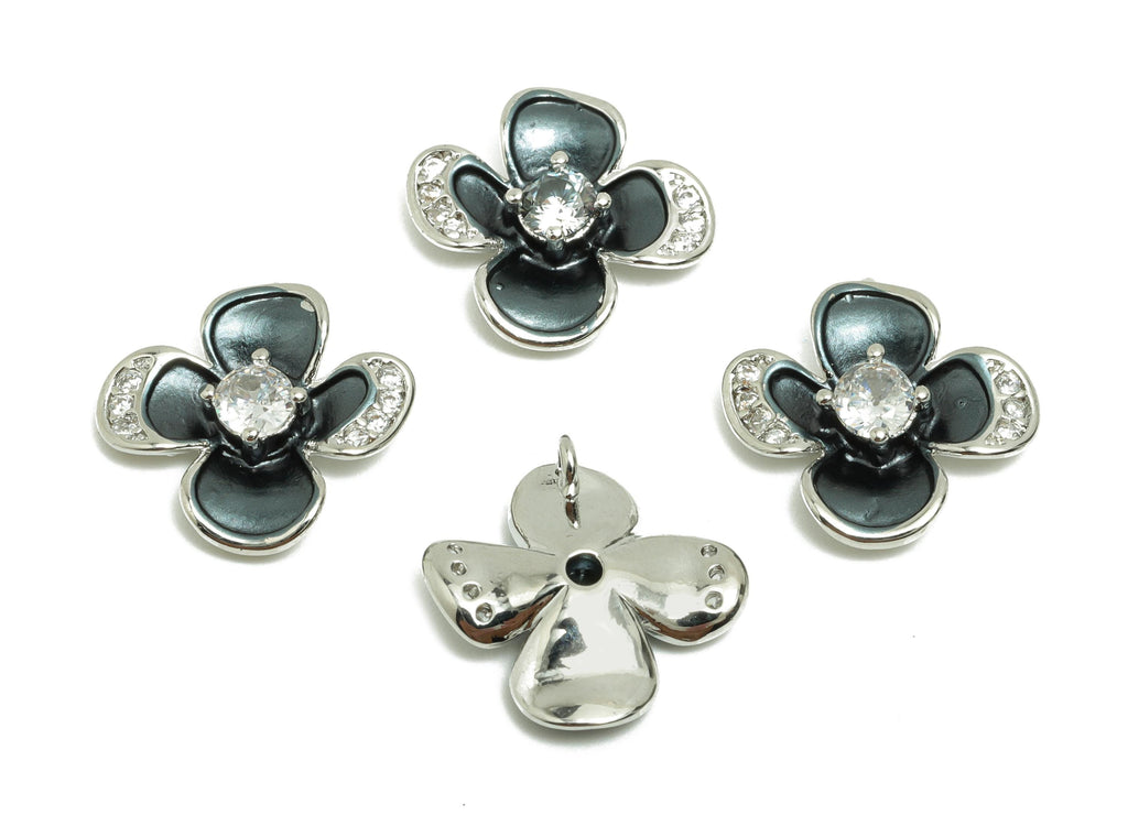 Brass CZ Flower Earring Charm - Brass Enamel Flower Charm - Black Zircon Botanical Pendant - 18K Real White Gold Plated - 13x12x3mm-RGP10000 - DOMEDBAZAAR