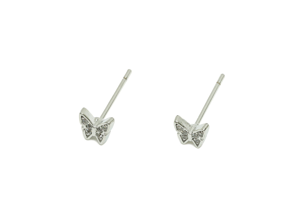 Brass CZ Earring Post - Brass Butterfly Earring Stud - Brass Cubic Zircon Earring Post  - 18K Real White Gold Plating - 13x4.9x1mm - RGP8226 - DOMEDBAZAAR