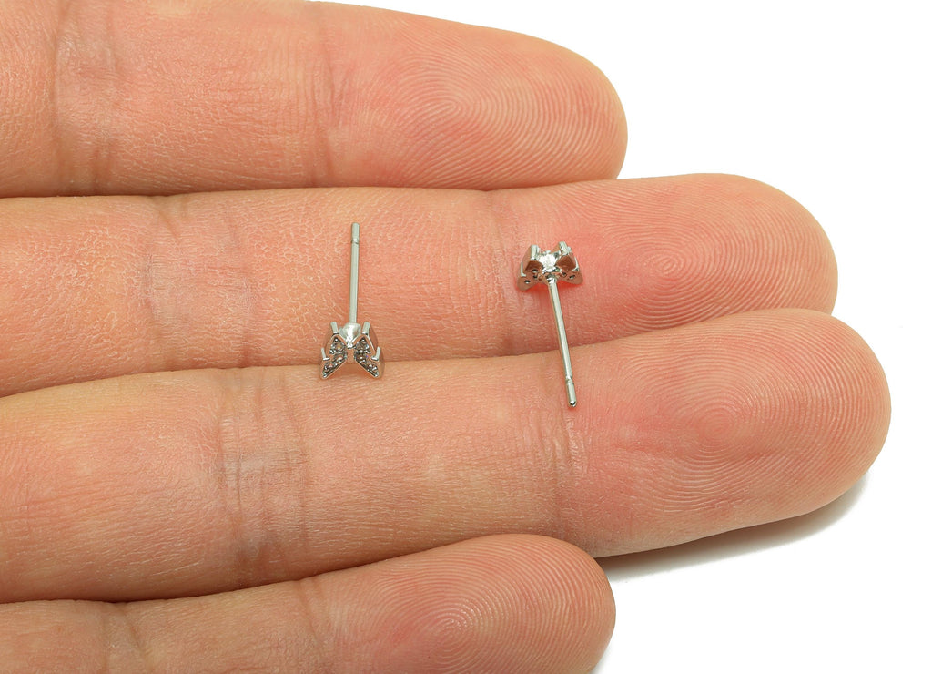 Brass CZ Earring Post - Brass Butterfly Earring Stud - Brass Cubic Zircon Earring Post  - 18K Real White Gold Plating - 13x4.9x1mm - RGP8226 - DOMEDBAZAAR